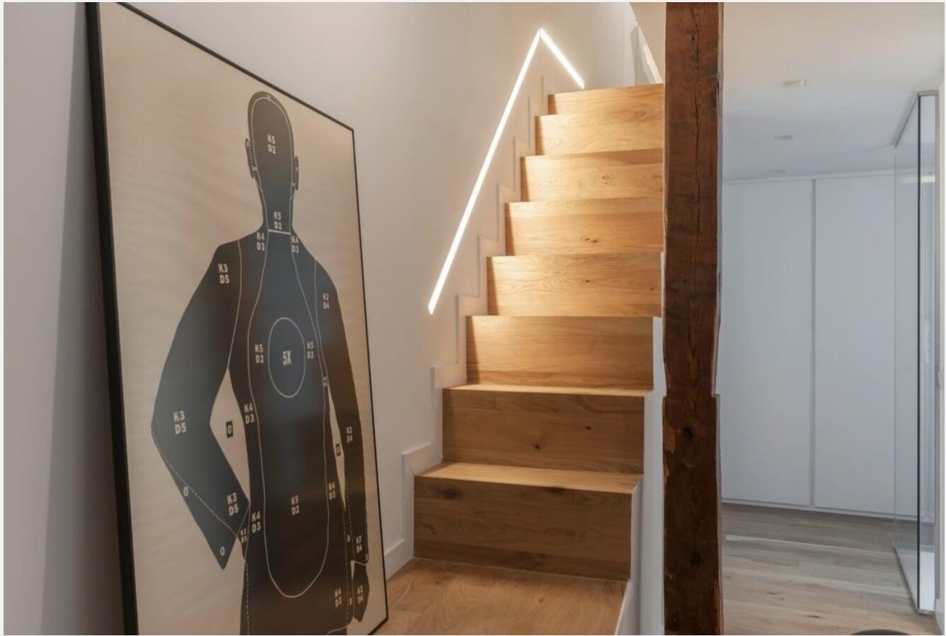 Closet depois — marcenaria branca, escada para mezanino com iluminação LED encastrada e peça gráfica em grande formato, Madrid
