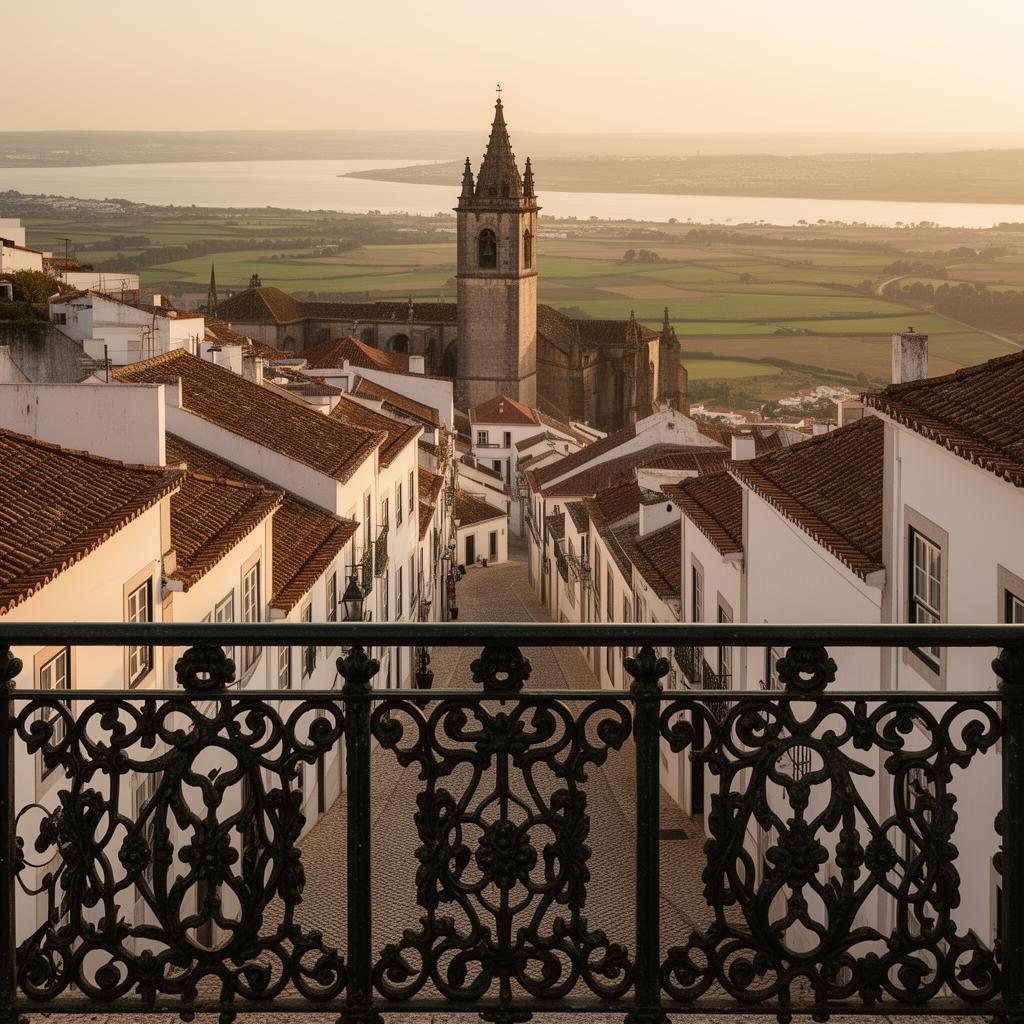 Vista elegante do centro histórico inspirada em Santarém, com a Sé, telhados de telha e o vale do Tejo ao fundo