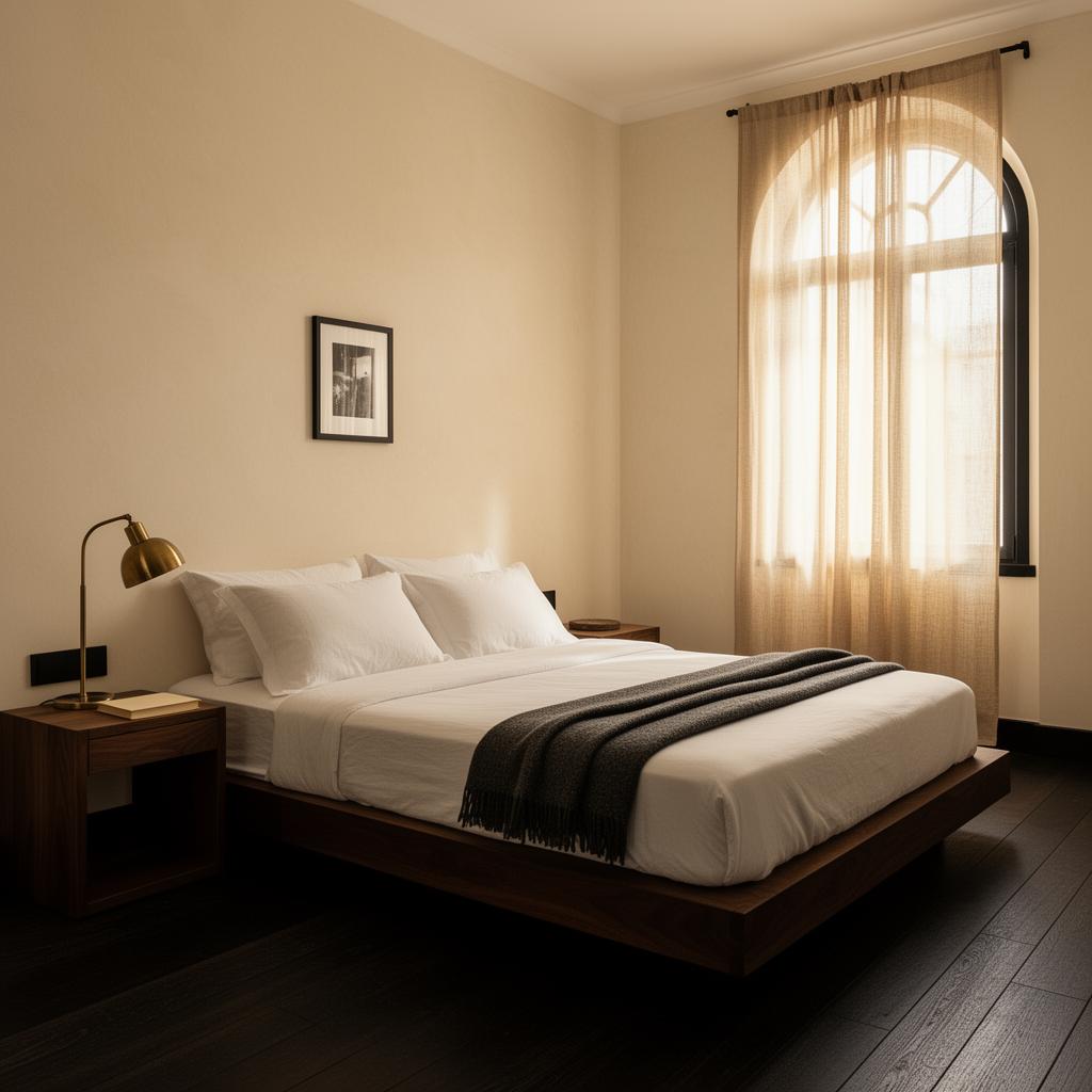 Quarto de Alojamento Local com cama em plataforma de nogueira e cortinas em linho