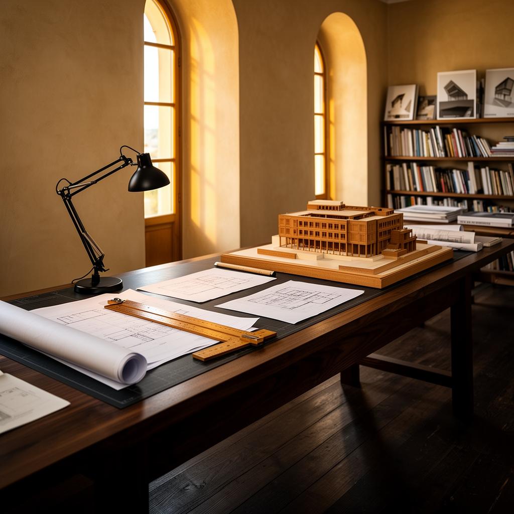 Atelier de arquitectura com mesa de desenho, plantas e maqueta de madeira