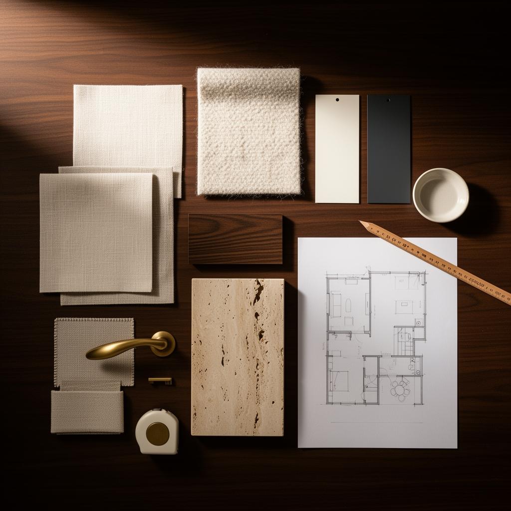 Moodboard de design de interiores com amostras de tecidos, madeira de nogueira e travertino