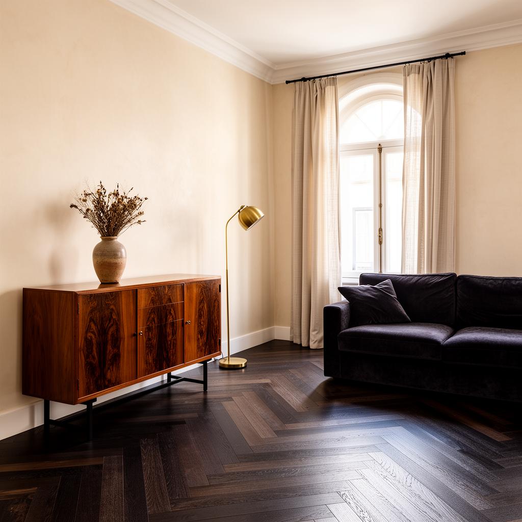 Sala de apartamento remodelado em Lisboa com soalho de carvalho escuro e parede em tom off-white